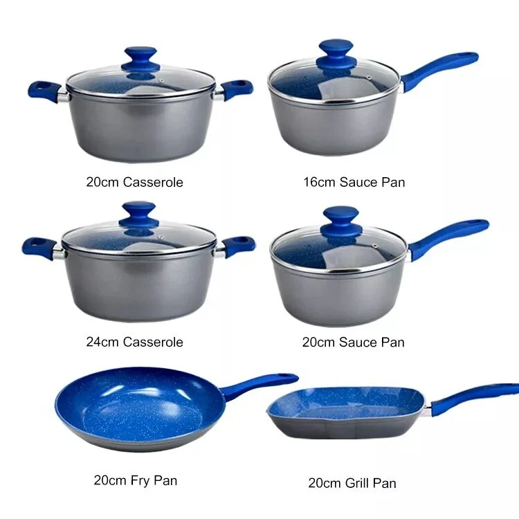 12PCS Factory Custom Aluminum Pots Pans Blue Marble Coating Non Stick Pots and Pans Forged Aluminum Cookware Sets